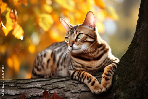 portrait of bengal cat laying on the branch of tree in autumn day, created with Generative AI Technology