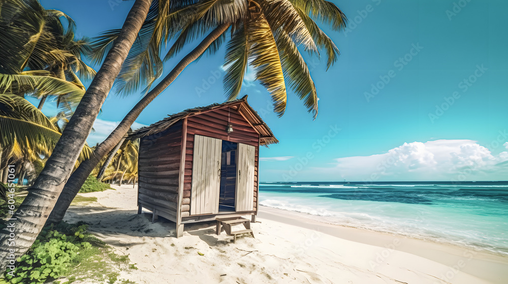 beautiful wooden hut on a caribbean beach with turquoise water and palm trees beautiful wooden hut on a caribbean beach with turquoise water and palm trees