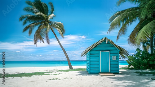 beautiful wooden hut on a caribbean beach with turquoise water and palm trees