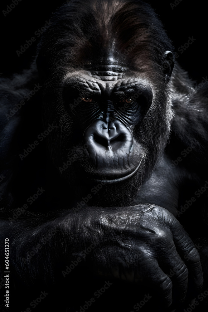 Animal Power -Creative and gorgeous colored frontal portrait of a male gorilla against a dark background that is as true to the original as possible and photo-like