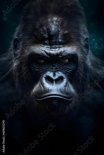 Animal Power -Creative and gorgeous colored frontal portrait of a male gorilla against a dark background that is as true to the original as possible and photo-like