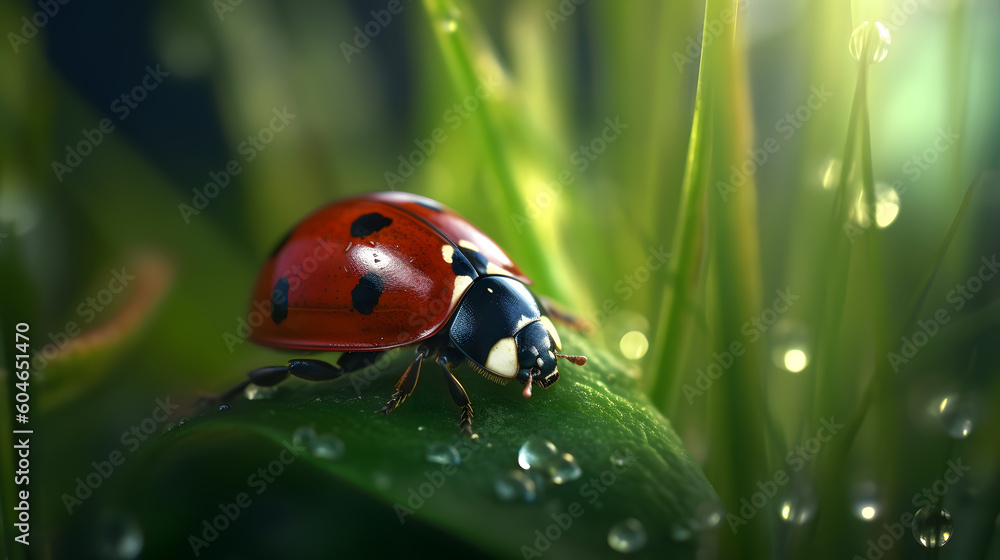 Obraz premium macro shots of a cute ladybug sitting on a blade of grass