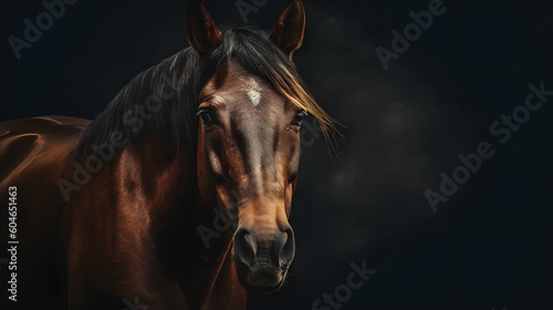 portrait brown beauty horse with white star in front of black background