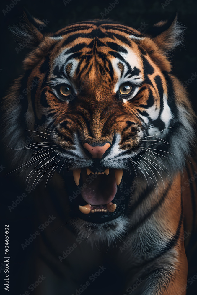 Animal Power - Creative and wonderful colored portrait of a roaring männlichen tigers in front of a dark background that is as true to the original and photo-like as possible