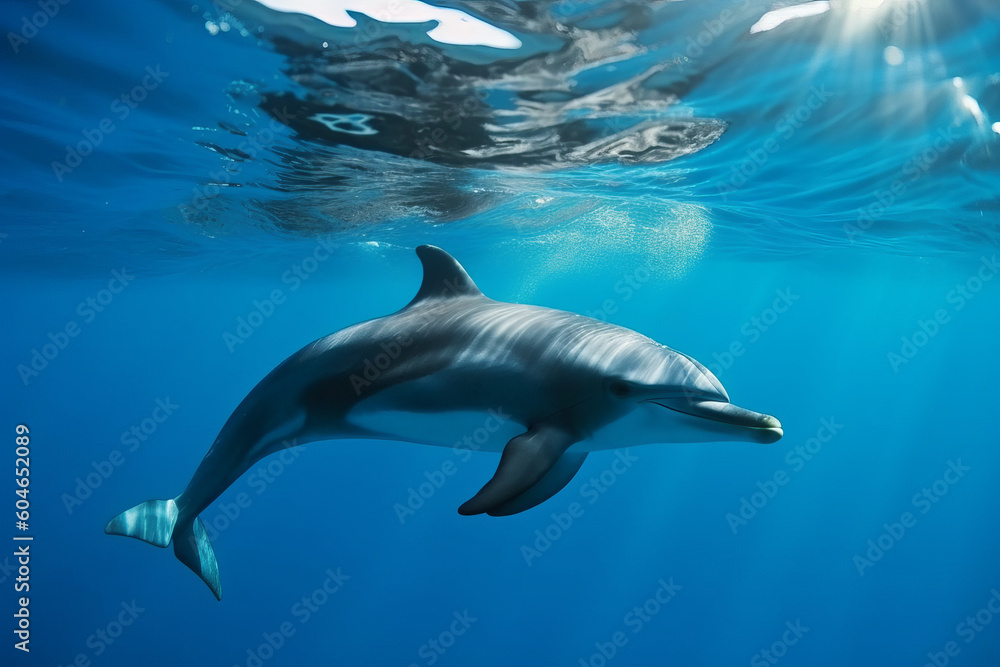 dolphin underwater in clear ocean, created with Generative AI Technology dolphin underwater in clear ocean, created with Generative AI Technology