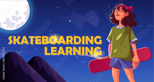 skate park vector cartoon landing page with teenage girl holding a skateboard
