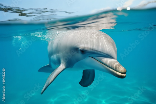 dolphin underwater in clear ocean, created with Generative AI Technology