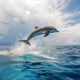 dolphin jumping from sea water over ocean wave, created with Generative AI Technology