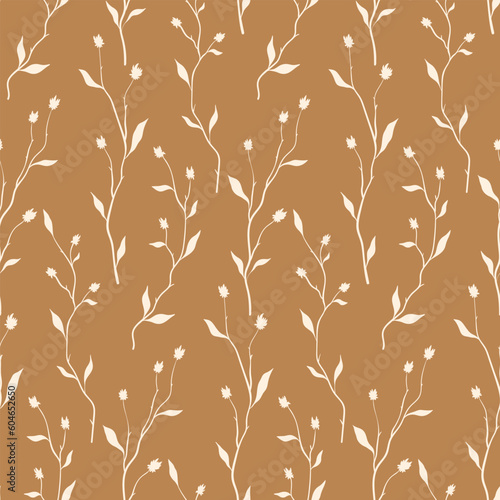 Fototapeta Naklejka Na Ścianę i Meble -  Seamless floral pattern, trendy sketch print with plant silhouettes. Botanical design for fabric, paper: hand drawn plants, white branches with small flowers on a beige background. Vector illustration