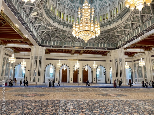 View of the main chandelier and the biggest carpet home made in the interior of Sultan Qaboos grand mosque, Muscat, Oman 
