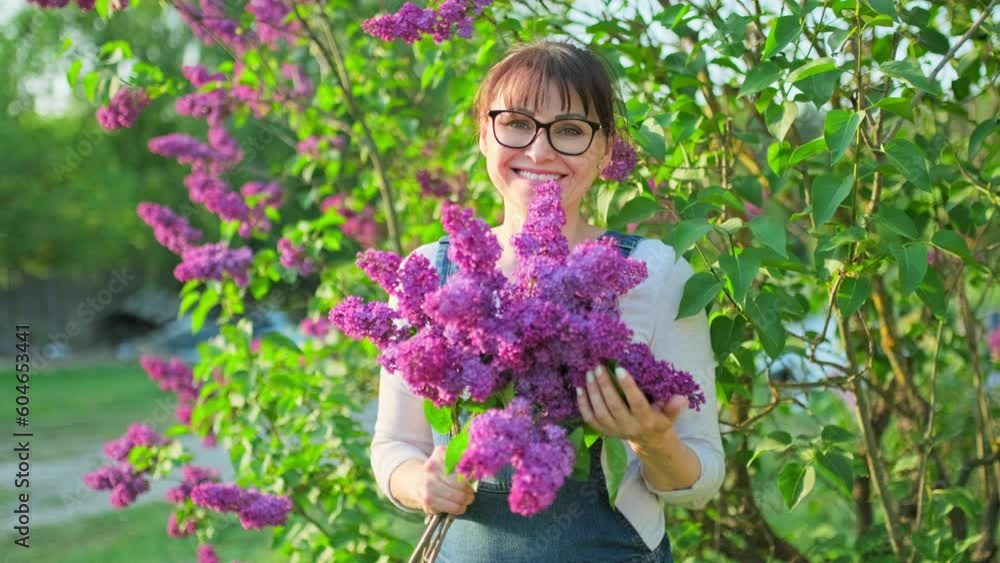 Outdoor portrait of mature happy woman with lilac bouquet Outdoor portrait of mature happy woman with lilac bouquet