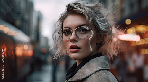 Portrait of a girls with glasses in a city.