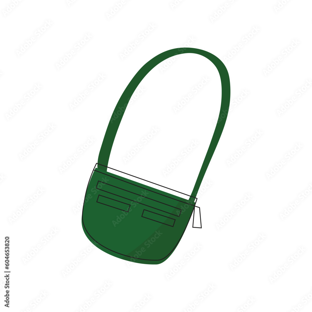Women green cartoon handbag in doodle scandinavian style isolated illustration. Cartoon trendy purse.
