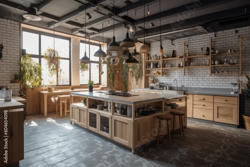 Generative AI an open space industrialis kitchen in the restaurant Photography photo