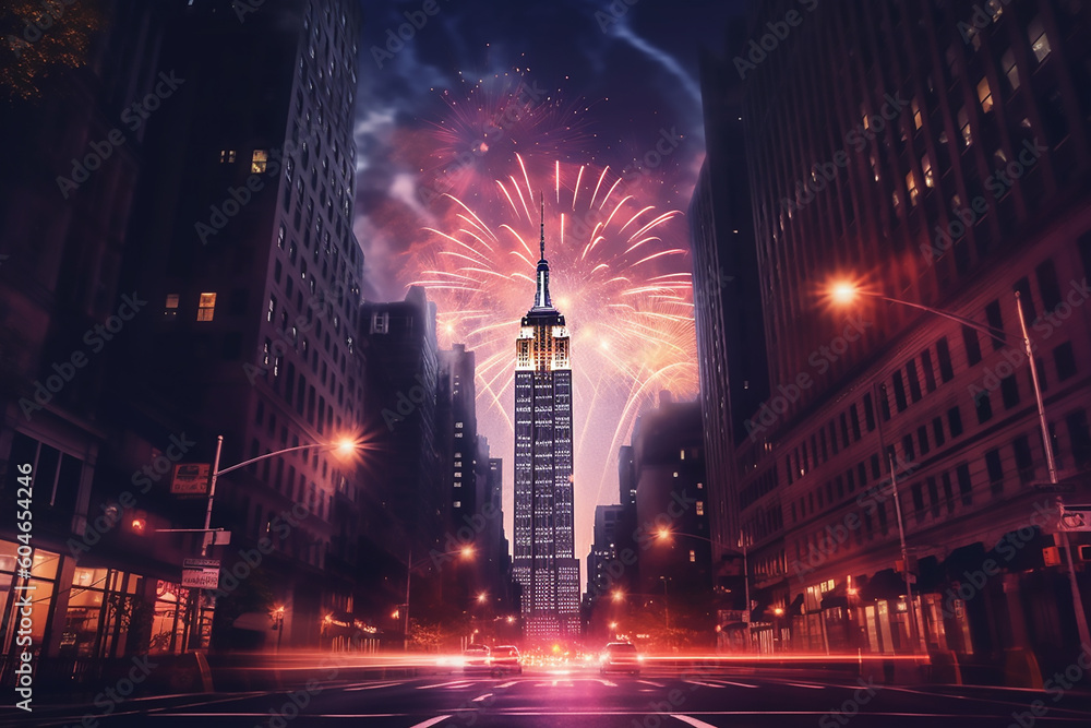 Colorful fireworks on the background of the New York night sky. Festive celebration of Independence Day. Generative AI