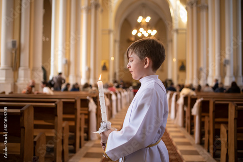 boy before first Eucharist in a catholic church. child in white clothes with a candle in the church	