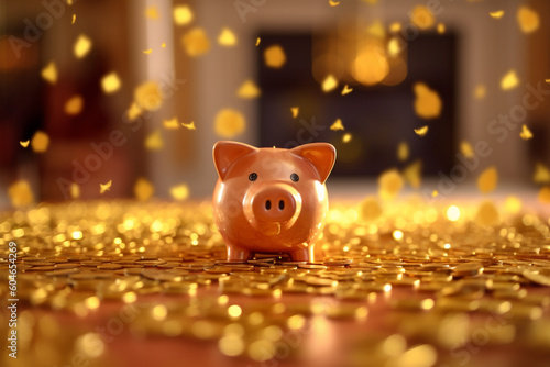 piggy bank with gold coins bokeh background,concept for saving. High quality photo Generative AI