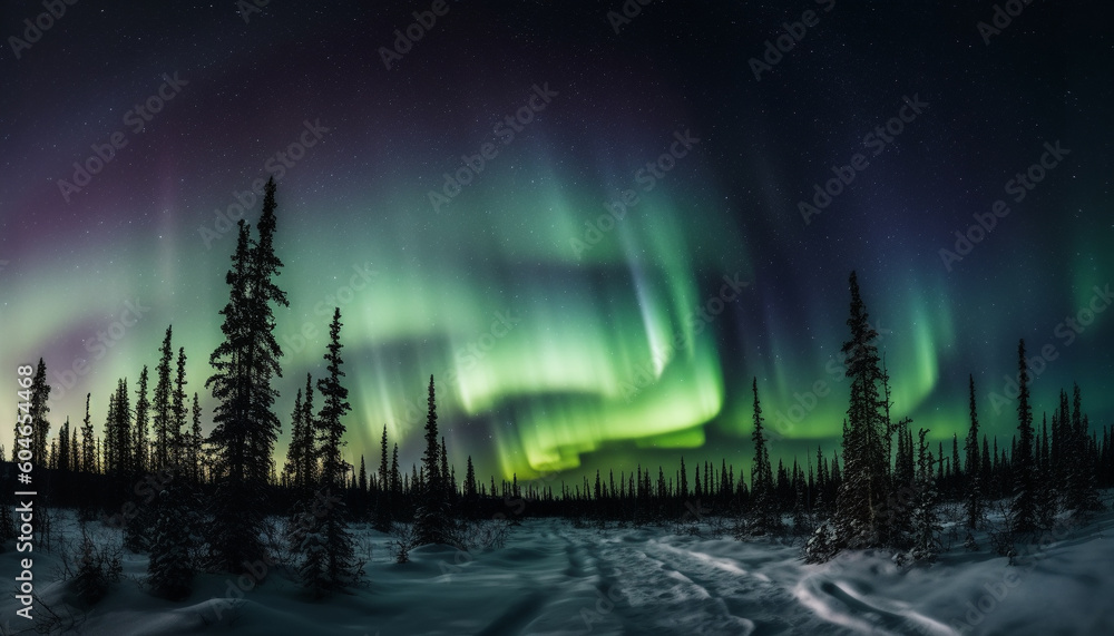 Silhouette of coniferous trees illuminated by aurora in polar climate generated by AI