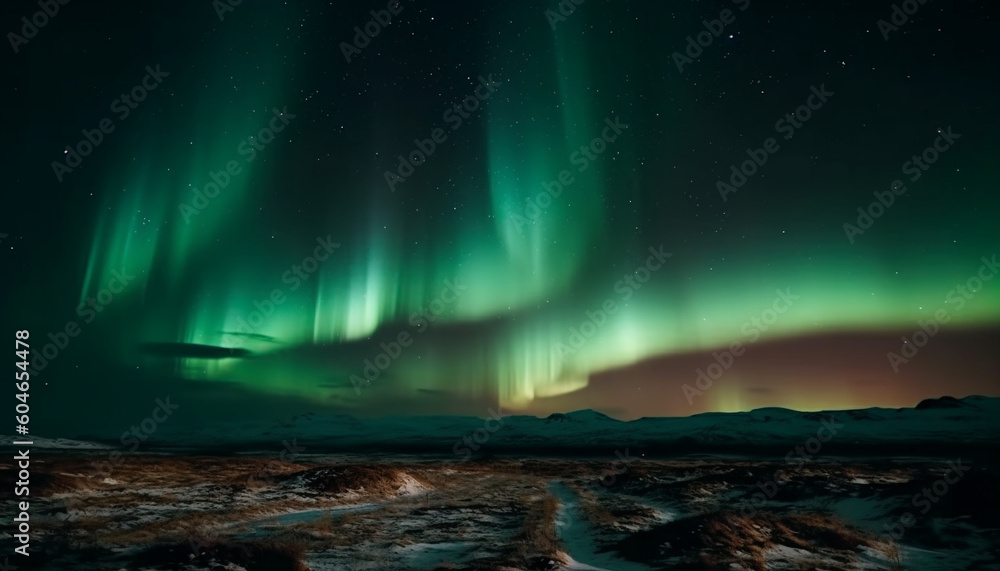 Night sky illuminated by majestic aurora polaris in arctic landscape generated by AI