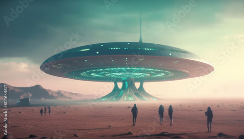 Futuristic spaceship levitates over bizarre landscape  glowing blue shape generated by AI