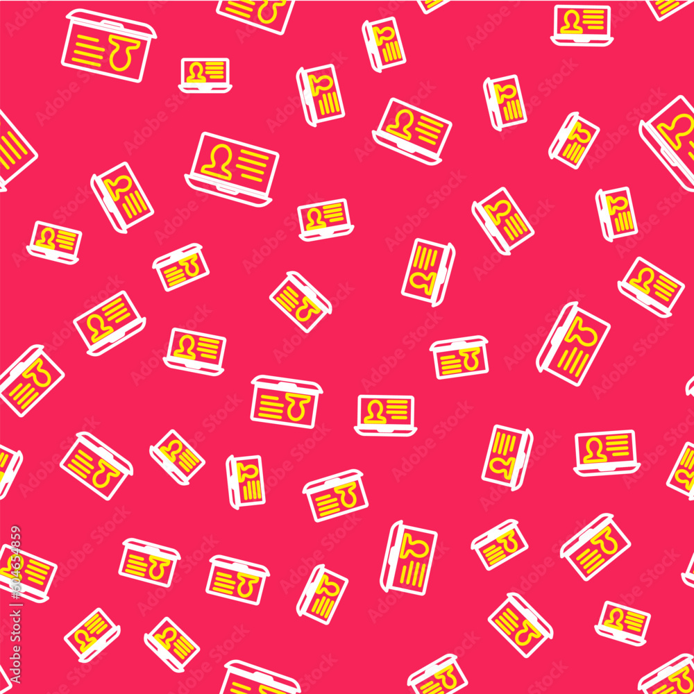 Line Laptop with resume icon isolated seamless pattern on red background. CV application. Searching professional staff. Analyzing personnel resume. Vector Line Laptop with resume icon isolated seamless pattern on red background. CV application. Searching professional staff. Analyzing personnel resume. Vector