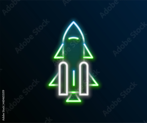 Glowing neon line Rocket ship with fire icon isolated on black background. Space travel. Colorful outline concept. Vector
