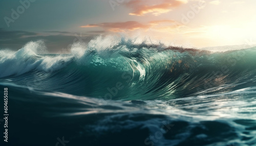 Surfing men ride majestic waves, crashing against idyllic coastline generated by AI © Stockgiu