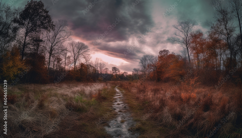 Fototapeta premium Dark winter night, orange sky, tree branch reflects mystery generated by AI