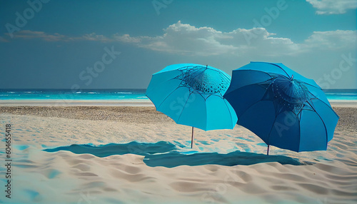Beautiful blue ocean waves and colorful umbrellas on beach Ai generated image © TrendyImages