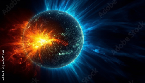 Abstract sphere orbits glowing blue planet in futuristic space environment generated by AI