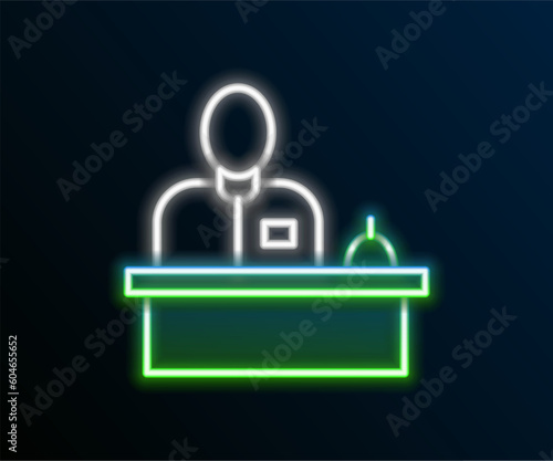 Glowing neon line Receptionist standing at hotel reception desk icon isolated on black background. Colorful outline concept. Vector