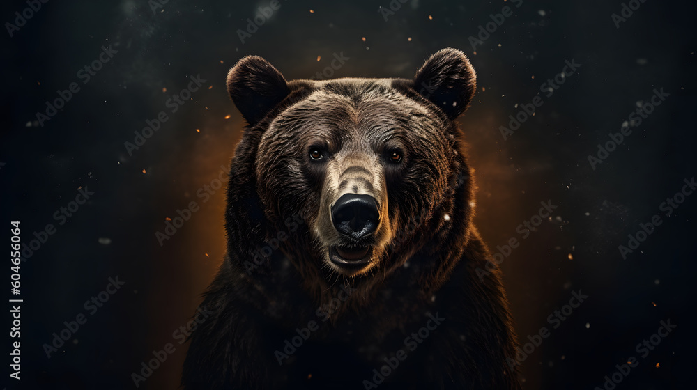 Fototapeta premium Animal Power - Creative and wonderful colored frontal portrait of a bear like male grizzly in front of a dark background that is as true to the original as possible and photo-like