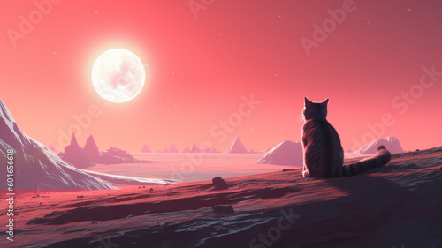 Cat in desert looking to the moon