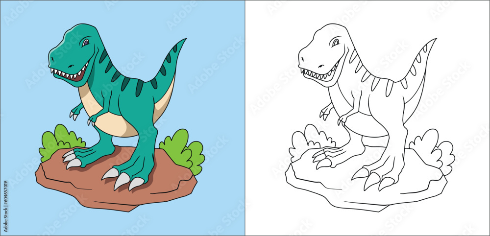 Fototapeta premium Green Tyrannosaurus or T-rex Coloring Book for Kids 2D Cartoon Style