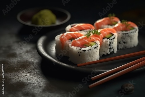 Generative AI chopsticks Sushi is a Japanese dish of prepared vinega Food Photography