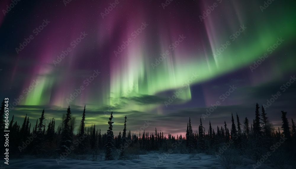 Majestic mountain range illuminated by aurora polaris, a tranquil scene generated by AI