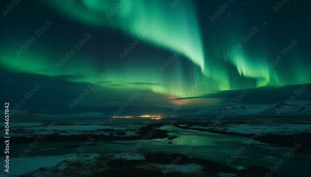Arctic night sky illuminates majestic mountain range in multi colored mystery generated by AI