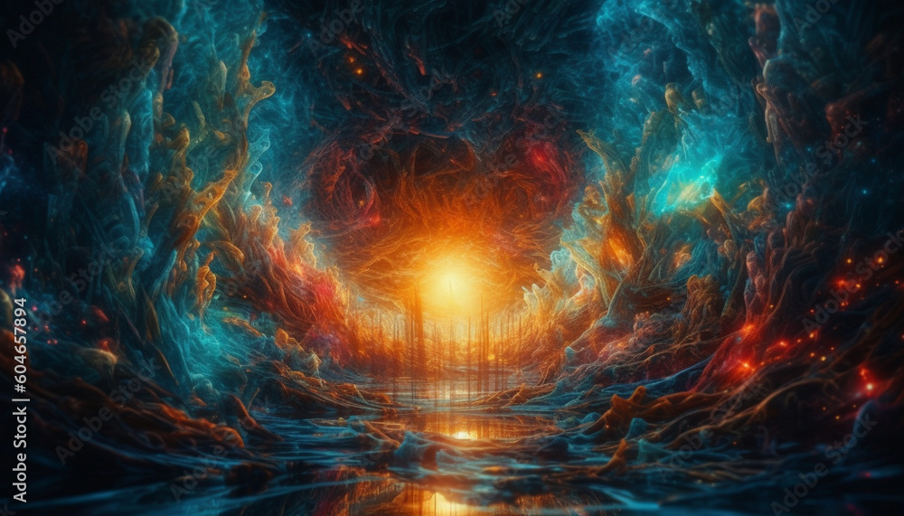 Obraz premium Futuristic galaxy explodes in a bright, multi colored chaos backdrop generated by AI