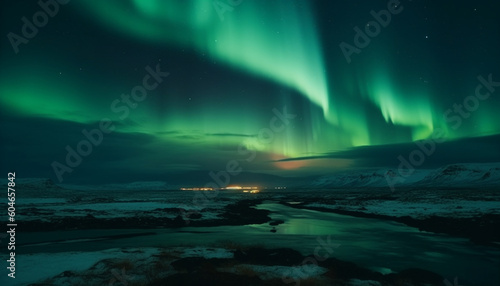 Arctic night sky illuminates majestic mountain range in multi colored mystery generated by AI
