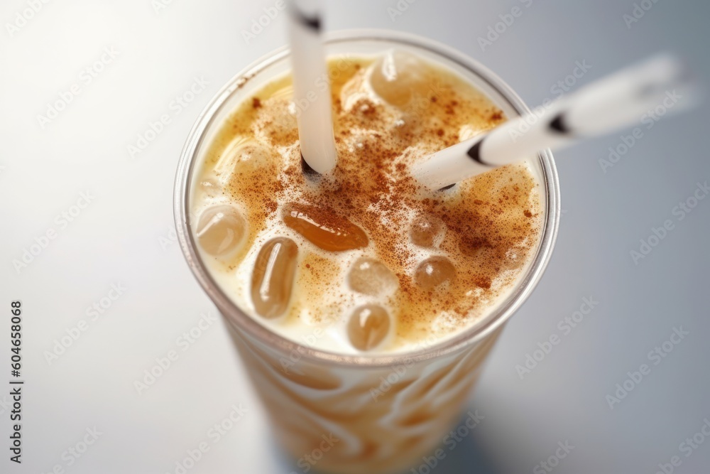 Generative AI close up a cup iced Cappucino with straw top view Food Photography Generative AI close up a cup iced Cappucino with straw top view Food Photography