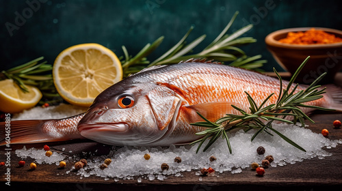 Sliced fresh fish with sea salt and rosemary on wooden board,Generative AI