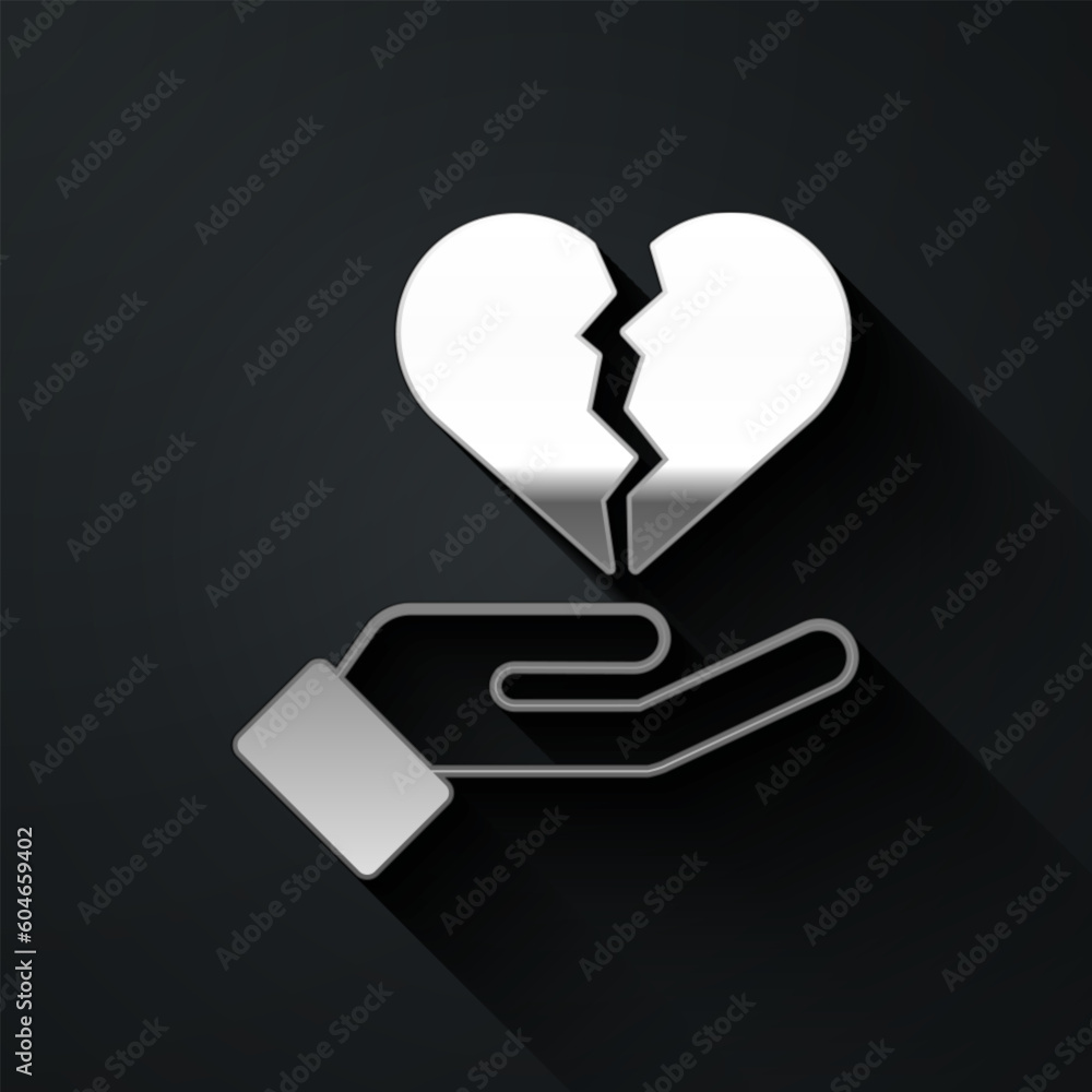 Silver Broken heart or divorce icon isolated on black background. Love symbol. Valentines day. Long shadow style. Vector Silver Broken heart or divorce icon isolated on black background. Love symbol. Valentines day. Long shadow style. Vector