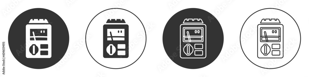 Black Dosimeter for measuring radiation icon isolated on white background. Gamma radiation personal dosimeter. Circle button. Vector Black Dosimeter for measuring radiation icon isolated on white background. Gamma radiation personal dosimeter. Circle button. Vector