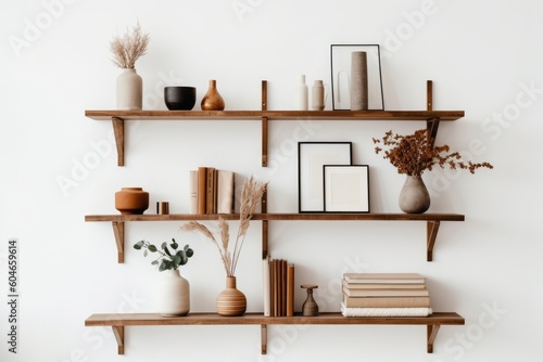 Sustainable wooden bookshelf displaying minimal decor items against a white wall