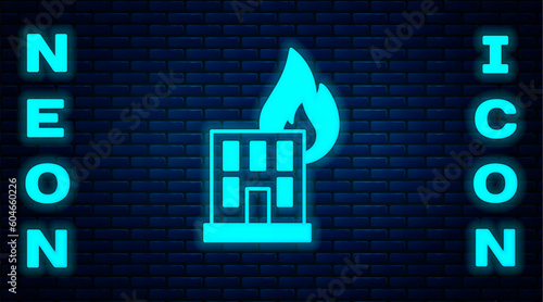 Glowing neon Fire in burning building on city street icon isolated on brick wall background. Destroyed city on fire. Vector