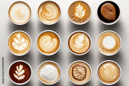 Generative AI collection a cup coffee latte more motive top view Food Photography