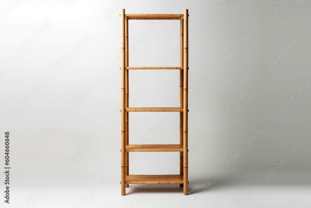Simple and elegant bamboo shelving unit against a neutral background Simple and elegant bamboo shelving unit against a neutral background
