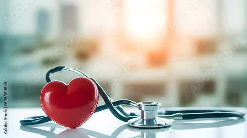 Red heart love shape hand exercise ball with doctor physician's stethoscope on hospital background: Hospital life insurance concept. World heart health day. doctor day, world hypertension day
