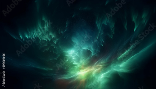 Abstract underwater landscape illuminated by glowing multi colored waves generated by AI