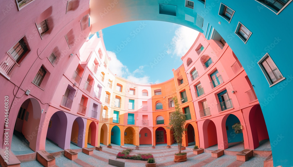 The modern architecture of the famous building features vibrant colors generated by AI
